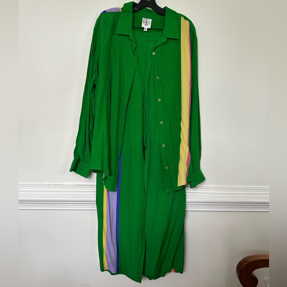 Green Button-Up Shirt with Colorful Stripes and Matching Pants